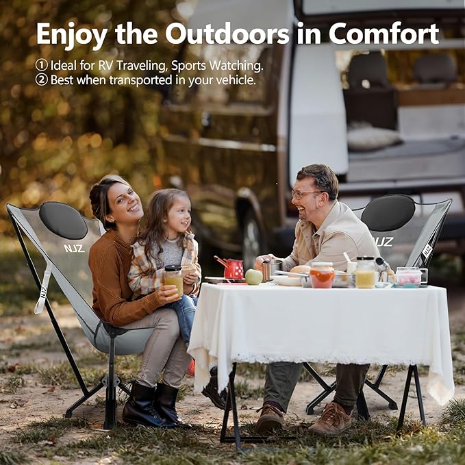 High Back Camping Folding Chairs - 600 LBS Capacity Heavy Duty Camping Chair with Comfortable Backrest & Headrest, Quick Setup - Compact Camp Chair for Picnic, Fishing, Beach, Lawn - Silver