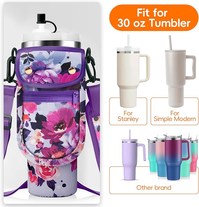 Water Bottle Carrier Bag with Phone Pocket for Stanley 40/30 oz Tumbler Neoprene Insulated Mug Sleeve Pouch with 2 Pockets & Adjustable Strap & Straw Cover for Stanley Cup Accessories