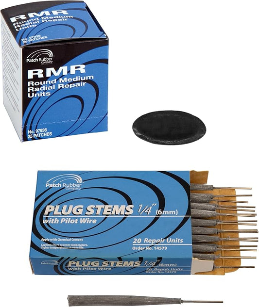 Myers Tire Supply Patch Rubber Company Plug and Patch Kit 1/4” – Includes 20 Plug Stems with Pilot Wire & 25 RMR Small Round Tire Repair Patches