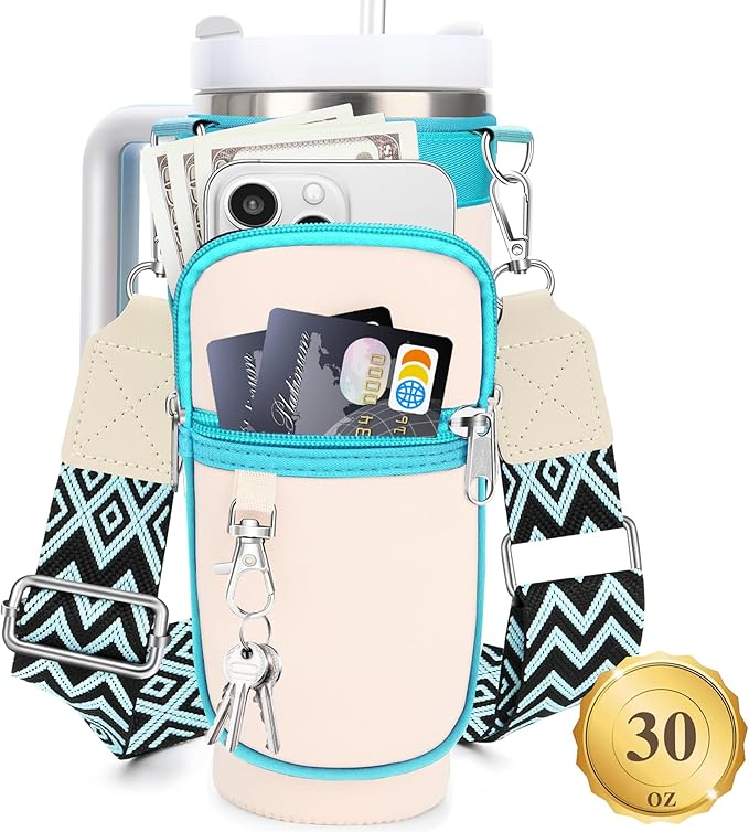 Water Bottle Carrier Bag with Strap for Stanley 40/30 oz Tumbler with Handle, Water Bottle Holder Pouch with Phone Pocket for Stanley Cup Accessories, fit Walking Hiking Travel