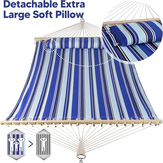 SUNCREAT Hammocks Quilted Fabric Hammock, Double Hammock with Spreader Bar, Soft Pillow, Max 475lbs Capacity, Blue Stripes