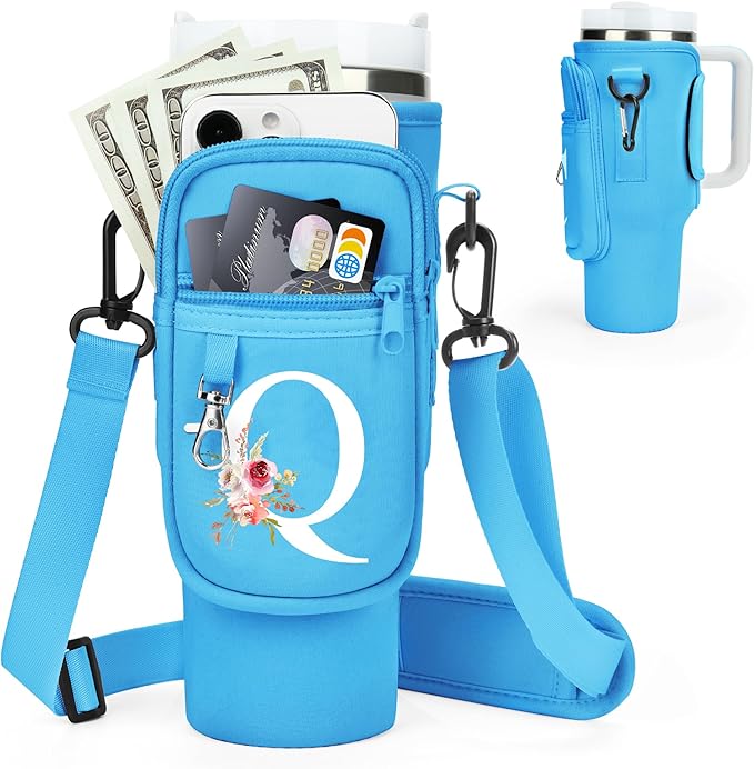 Initial Water Bottle Holder with Strap for Stanley 40 oz Tumbler/Simple Modern 40 oz Tumbler,Water Bottle Carrier Bag with Strap,Personalized A-Z Phone Pocket for Stanley Cup Accessories