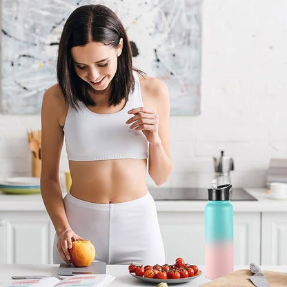 VEGOND 40 oz Insulated Water Bottle Stainless Steel Metal Water Bottles with Leak Proof Straw Lid & Spout Lid, Wide Mouth Double Walled Vacuum Travel Sports Bottle Cup, Green Pink