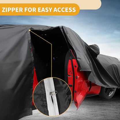 Waterproof All-Weather Universal Car Cover with Right Side Zipper, 190T Polyeste Black Blue Fits for Hatchback 163" to 177" Length