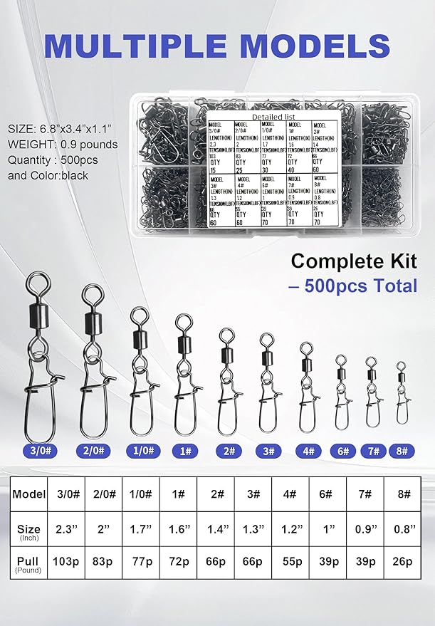 500 Pcs - Fishing Swivels Stainless Steel Barrel Swivels Fishing Tackle Kit with Assorted Sizes for Saltwater & Freshwater Rigs