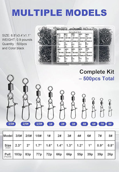 500 Pcs - Fishing Swivels Stainless Steel Barrel Swivels Fishing Tackle Kit with Assorted Sizes for Saltwater & Freshwater Rigs