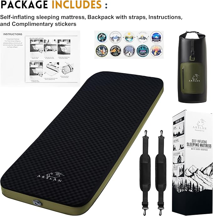 4″ Self-Inflating Sleeping Pad with Memory Foam – Thick Camping Mattress for Adults, Portable Bed with Waterproof Bag, Heavy-Duty 1,540 lb Support – Arslan Essentials