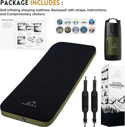 4″ Self-Inflating Sleeping Pad with Memory Foam – Thick Camping Mattress for Adults, Portable Bed with Waterproof Bag, Heavy-Duty 1,540 lb Support – Arslan Essentials