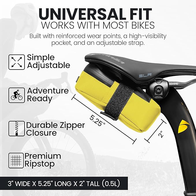 ALMSTHRE Signature Bike Saddle Bag – Electric Yellow | 0.5L Bike Seat Bag (3" x 5.25" x 2") | Water-Resistant Ripstop, Waterproof Zipper, Internal Pocket | Durable Under Seat Storage
