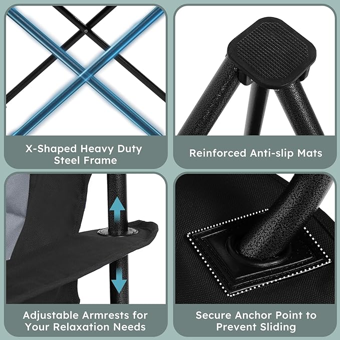 Oversized Folding Camping Chairs - 450 LBS Support Heavy Duty Camp Chair with Padded Cushion, Portable Outside Chairs with Carry Bag，Cooler, Cup Holder for Outdoor, Lawn, Sports - Black