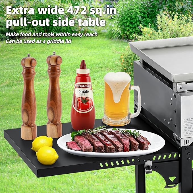 MELLCOM 3 Burner 30000 BTU Outdoor Gas Griddle with Lid (Side Shelf), Portable Flat Top Griddle 28 Inch Heavy-Duty Cast Iron Grill, Bottle Rack & Grease Pan for Camping, Picnic, Patio