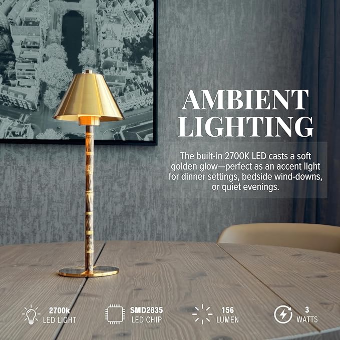Bamboo Cordless LED Table Lamp – Rechargeable 24-Hour Battery, Dimmable Warm Light, 15" Portable Wireless Lamp with Remote for Indoor/Outdoor Use, Home, Patio, Restaurant – Polished Gold