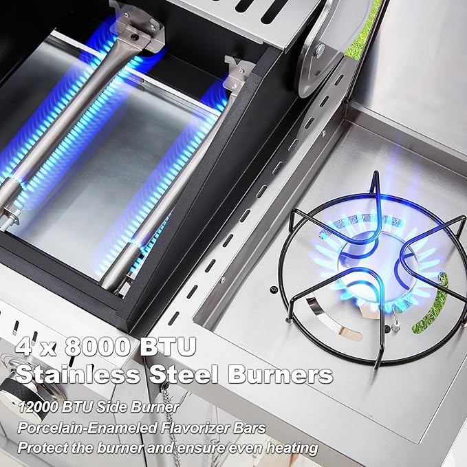 MELLCOM Stainless Steel 4 Burner BBQ Propane Gas Grill with Cast Iron Grates & Side Stove, Stainless Steel 44000 BTU Burner Barbecue Grill for Patio,Camping, Outdoor Cooking