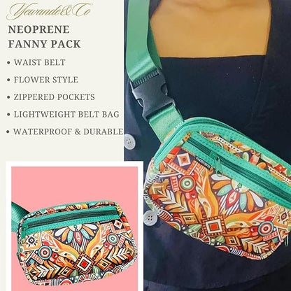 Yewande&co Neoprene Fanny Pack Belt Bag – Lightweight Waterproof Waist Bag with Adjustable Strap, 3 Zippered Pockets, Crossbody Belt Bag for Travel, African Design Crossbody Bags (Flower)