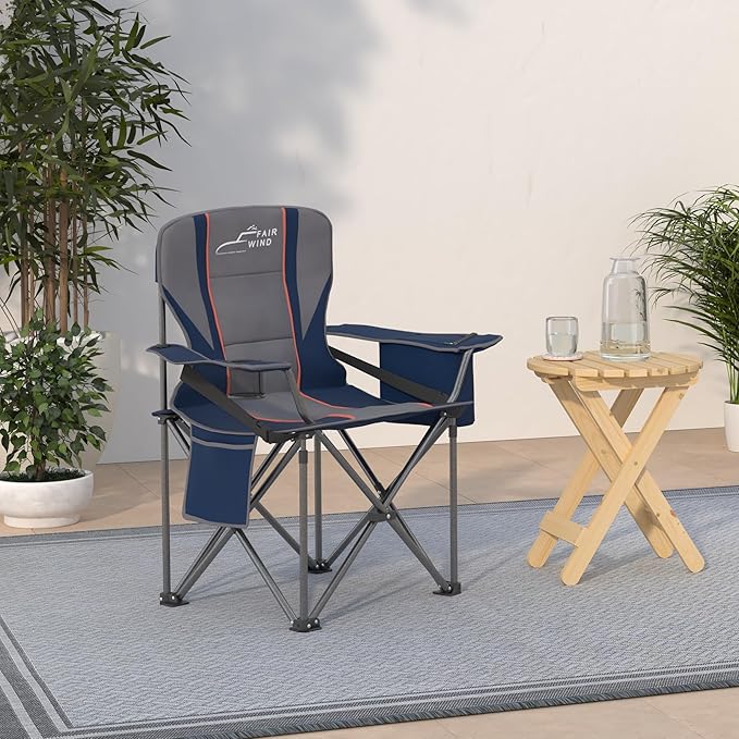 FAIR WIND Oversized Fully Padded Camping Chair with Lumbar Support, Heavy Duty Quad Fold Arm Chair with Cooler Bag - Support 450 LBS，Blue