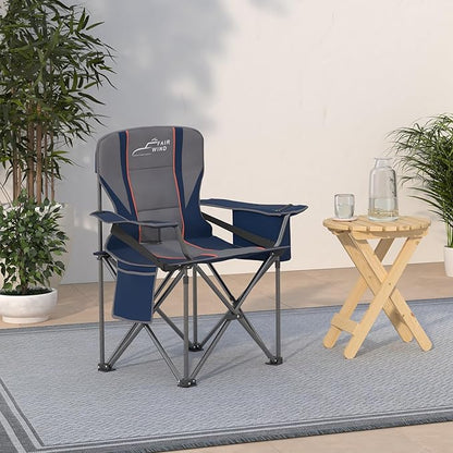FAIR WIND Oversized Fully Padded Camping Chair with Lumbar Support, Heavy Duty Quad Fold Arm Chair with Cooler Bag - Support 450 LBS，Blue
