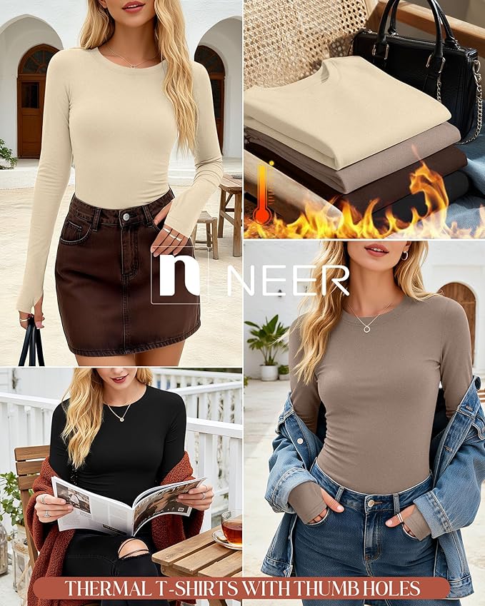 Neer 4 Pack Women's Fleece Thermal Long Sleeve Shirts, Thumb Holes Crew Neck Slim Fit Tops Warm Workout Basic Undershirt