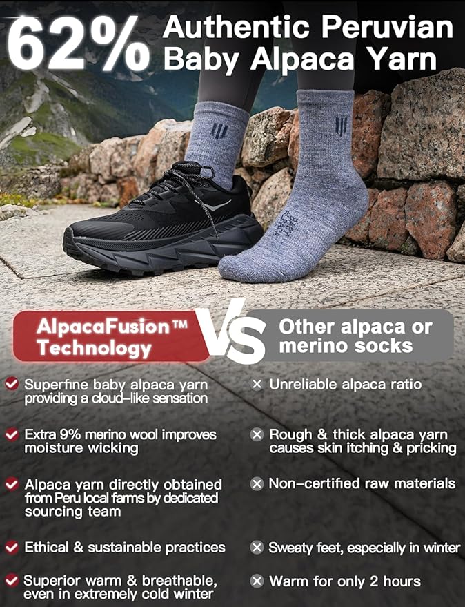 Alpaca Wool Micro Crew Hiking Socks Midweight Moisture Wicking Anti-blister Cushioned