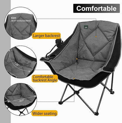 Northroad Oversized Foldable Camping Chair with Cell Phone Holder,Outdoor Padded Lawn Chair w/Cup Holder,Carry Bag for Beach, Hiking, and Picnics,Heavy-Duty 300-lbs Capacity, Black