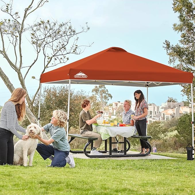EAGLE PEAK Pop Up Canopy Tent with Wheeled Carry Bag, 8 Stakes, 4 Ropes, 4 Weight Bags, Easy Set Up Tent Canopy, 10x10 ft, 100sqft of Shade, Brick Red