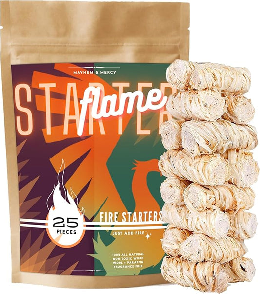 Natural Fire Starters for Fireplace, Wood Stove, Campfire & BBQ – Wood Wool & Wax Coils – Non-Toxic, Eco-Friendly Flame Starters by Mayhem & Mercy (24 Count)