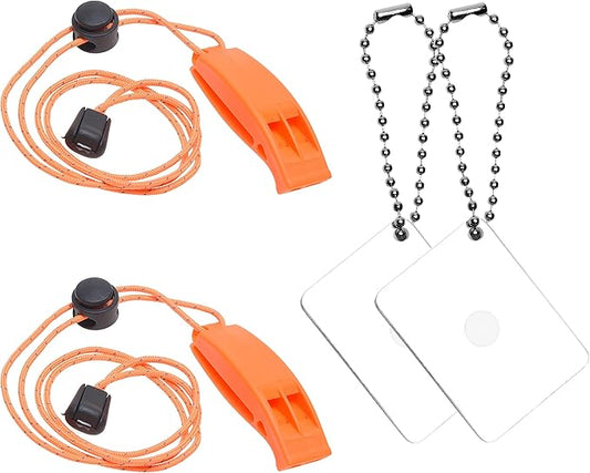 Eco-Fused 2X Survival Whistle and 2X Signal Mirror - Outdoor Survival Kit Rescue Flash Mirror - Clip-on Whistle with Lanyard - Backpacking, Camping, Marine Use, Outdoor Activities