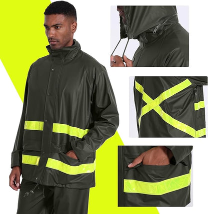 Hi-Vis Rain Jacket for Men – Waterproof Work Safety Coat with Reflective Strips, EN 343 Certified, Durable PU