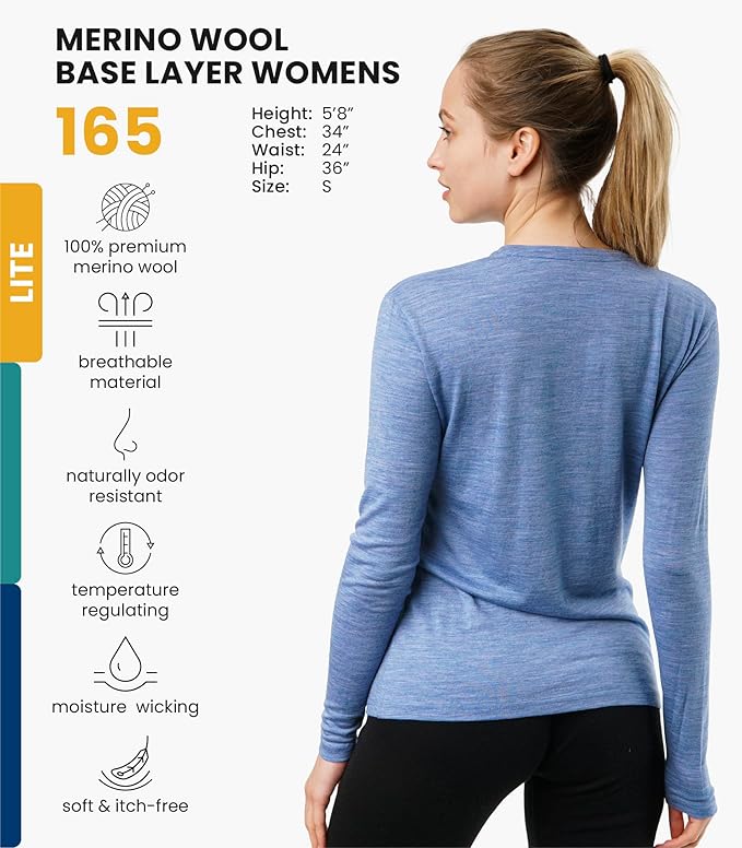Merino.tech Merino Wool Base Layer Women - 100% Merino Wool Heavyweight, Midweight, Lite Long Sleeve Thermal Shirt and Socks