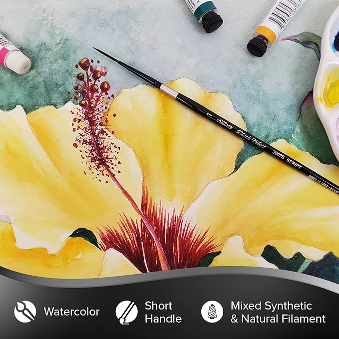 Silver Brush Limited BV-3053S Black Velvet Short Handle Script Liner Brushes, Mixed Filament With Very Soft Tips, 4pc Professional Artist Painting Bundle for Watercolors, Gouache, Dyes & Silk Painting