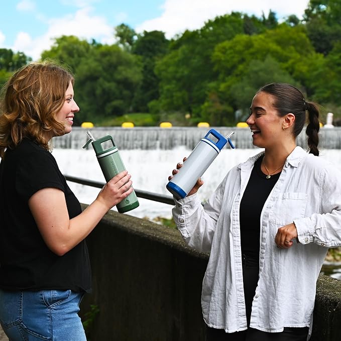 GROSCHE Alpine Shimmer Flip 'N Sip 20oz Insulated Water Bottle - Stainless Steel, Leakproof Flask with Straw, Perfect for Gym, Travel & Outdoor Use, Canadian Brand! - 20 fl. oz, Eucalyptus Green