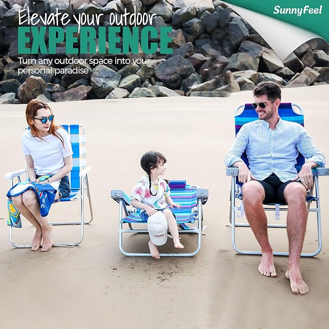 SUNNYFEEL Extra Wide 28" Low Beach Chair 2 Pack 5 Position Lay Flat, XL Oversized Portable Folding Camping Chairs with Cup Holder for Outdoor/Trip, Foldable Backpack Beach Chair for Adults