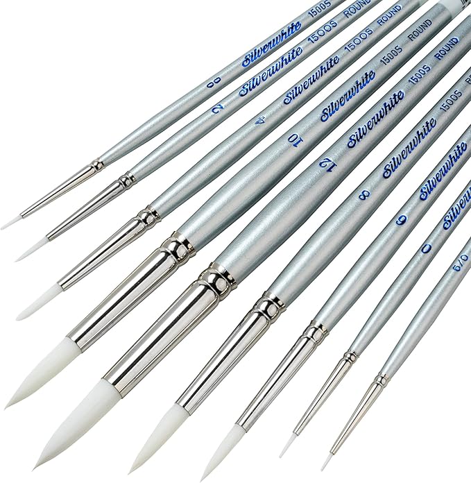 Silver Brush Limited SW-1584S Silverwhite Short Handle Round Brushes with Soft Synthetic Taklon, 9pc Premium Artist Painting Bundle for Acrylics, Watercolor, Gauche, Ink, Dye, Craft Paint, & Tempera