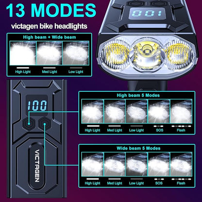 Victagen Super Bright Bike Lights 8000Lm for Night Riding, Super Bright 3 LED Lights for Bike/Bicycle Headlight with High Beam & Low Beam TypeC Rechargeable, Free Taillights