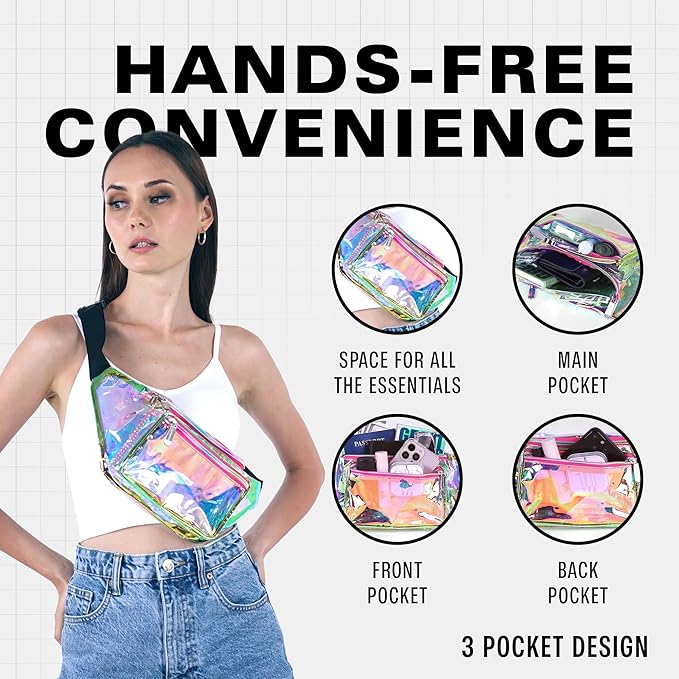 Holographic Clear Fanny Pack Belt Bag | Waterproof fanny pack for Women - Crossbody Bum Waist For Halloween costumes, Hiking, Running, Travel and Stadium Approved (Pink)