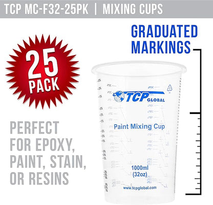 TCP Global 32 oz. (1000ml) Graduated Plastic Mixing Cups (Box of 25) - Disposable Plastic Measuring Cups for Liquids, Paints, Resin, Epoxy, Art, Kitchen - Ratios 2-1, 3-1, 4-1 ML