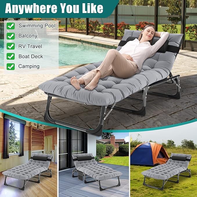 DoCred Heavy Duty Chaise Lounge Chair, Adjustable 5-Position Folding Chaise Lounge Chairs for Outside, Portable Lay Flat Beach Lounge Chair for Outdoor Sunbathing Beach Pool Lawn Camping