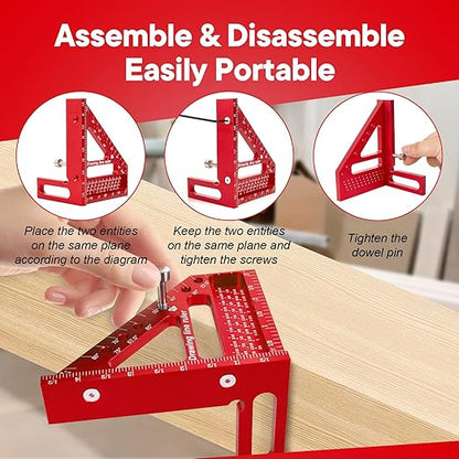 Premium Versatile Multi-Angle Carpenter Square Measuring Ruler for Woodworking, Engineering, and Construction (22.5-90 Degrees with Angle Pin) (Red)