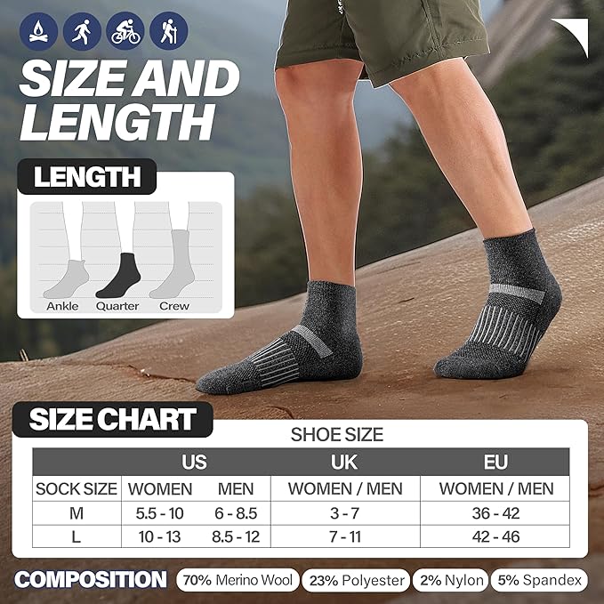 6 Pairs Merino Wool Ankle Running Hiking Socks Compression Support Breathable Thick Cushion No Show Socks for Women Men
