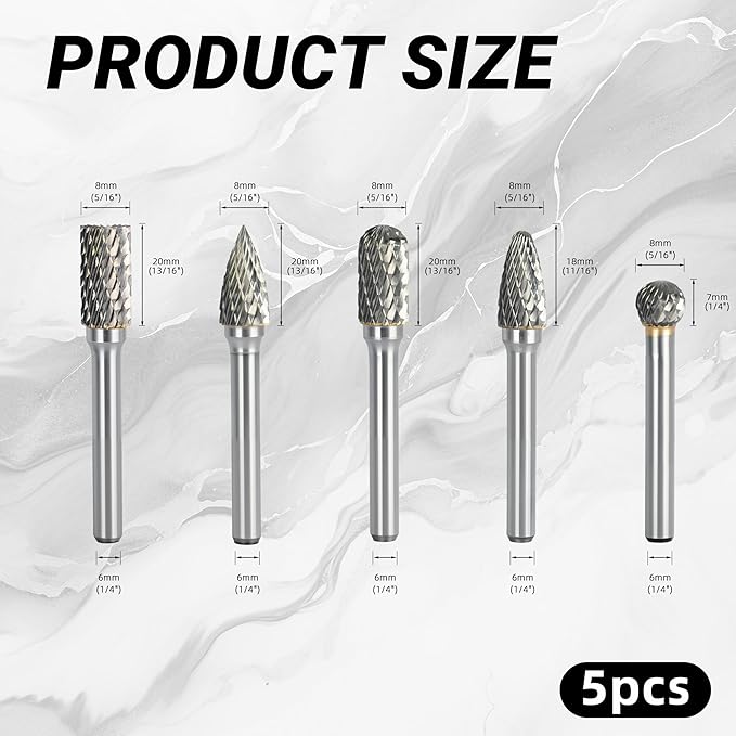 CATITO Carbide Burr Set 1/4 Shank 5-Piece, 8mm Head Diameter Grinder Bits, Rotary Tools Attachment Kit, Deburring, Cutting, and Carving are Suitable for polishing Metal, Wood, Stone, Steel