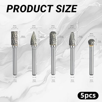 CATITO Carbide Burr Set 1/4 Shank 5-Piece, 8mm Head Diameter Grinder Bits, Rotary Tools Attachment Kit, Deburring, Cutting, and Carving are Suitable for polishing Metal, Wood, Stone, Steel
