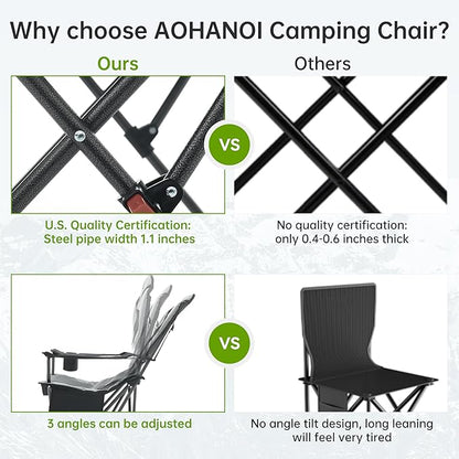 Camping Chairs, Portable Camp Chairs for Heavy People with Adjustable Angled Backrest, Outdoor Folding Camping Chairs for Outside Supports up to 350lbs, Carry Bag Included