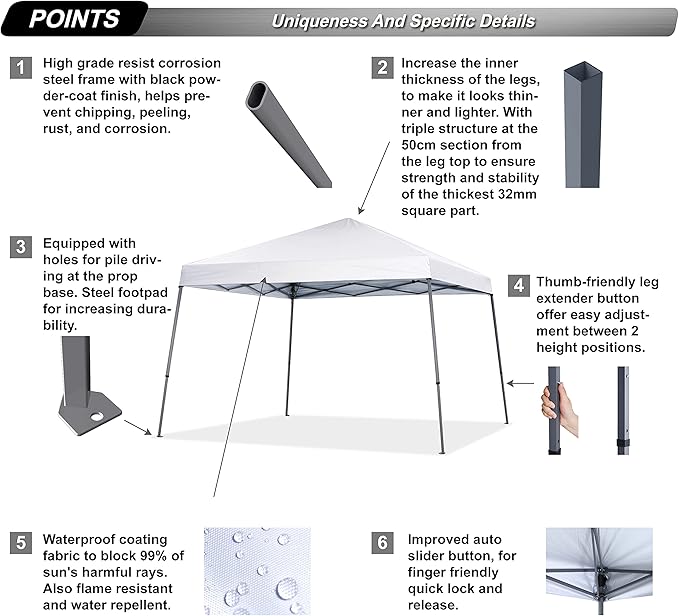 ABCCANOPY Stable Pop up Outdoor Canopy Tent 8 x 8 ft Base / 6 x 6 ft Top, White