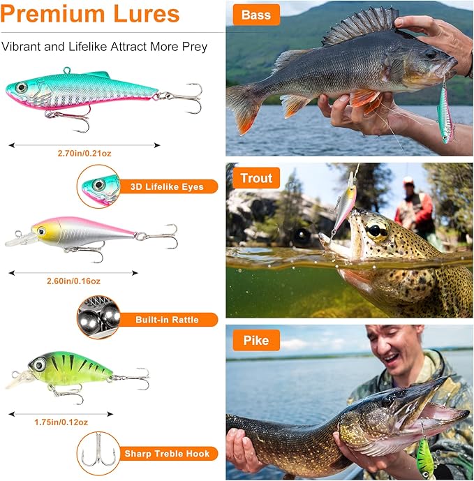 Fishing Lures Bait Tackle Kit Set for Freshwater Trout Bass Fishing, Including Accessories, Fishing Tackle Box, Crankbait, Spoon, Hooks, Fishing Gear and Equipment for Starter Beginner.