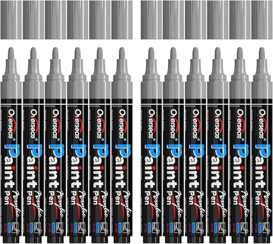 Overseas Silver Paint Pens Paint Markers - Permanent Acrylic Markers 12 Pack, Water-Based, Quick Dry, Waterproof Marker Pen for Rock, Wood, Plastic, Metal, Canvas, Glass, Mugs. Medium Tip