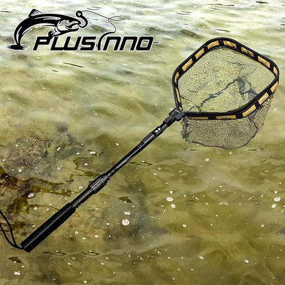 PLUSINNO Floating Fishing Net for Steelhead, Salmon, Fly, Kayak, Catfish, Bass, Trout Fishing, Rubber Coated Landing Net for Easy Catch & Release, Compact & Foldable for Easy Transportation & Storage
