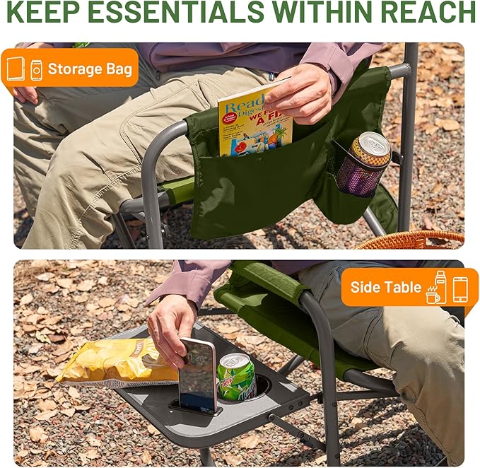 Timber Ridge XXL Director’s Chair – Heavy Duty Folding Chair with Side Table, 500 lb Capacity, Extra Wide Padded Seat for Camping, Sports, Beach, Patio, and Outdoor Use, Green