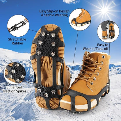 Ice Cleats Snow Grips, Non-Slip Traction with 9 Spikes Crampons, Upgraded Version Stainless Steel, for Shoes/Boots, Snow Ice Walking