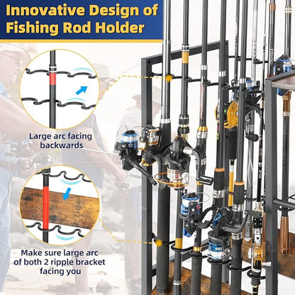 Olakee Fishing Rod Holder, Fishing Pole Holders for Garage Boat Home Entryway Fishing Gear Storage with Tackle Cart Ideal Gift for Men Dad Anglers Corner Design for Rods and Equipment Organizers