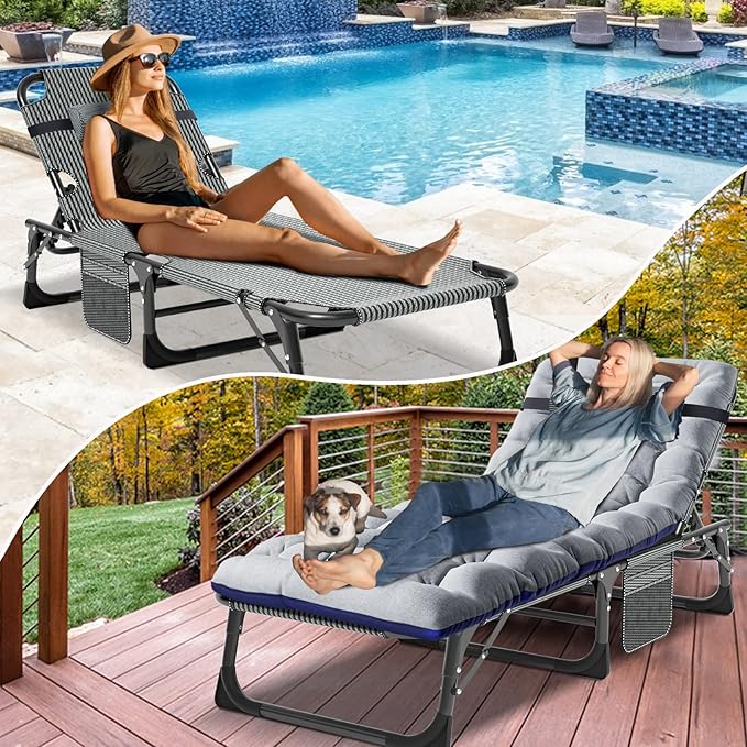 DoCred Heavy Duty Chaise Lounge Chair, Adjustable 5-Position Folding Chaise Lounge Chairs for Outside, Portable Lay Flat Beach Lounge Chair for Outdoor Sunbathing Beach Pool Lawn Camping