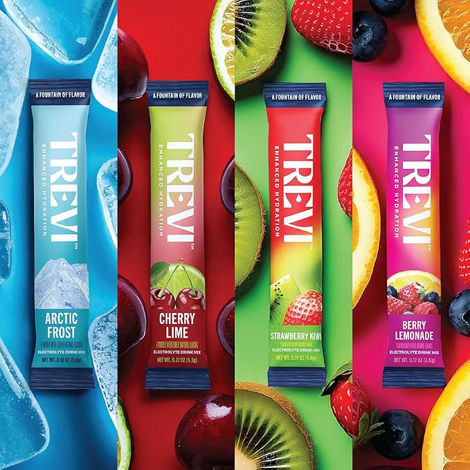 TREVI™ Sugar Free Electrolytes - Drink Mix Hydration Powder Packets - 8 Count - Favorites Variety Sample Pack - Cherry Lime, Strawberry Kiwi, Berry Lemonade, Arctic Frost